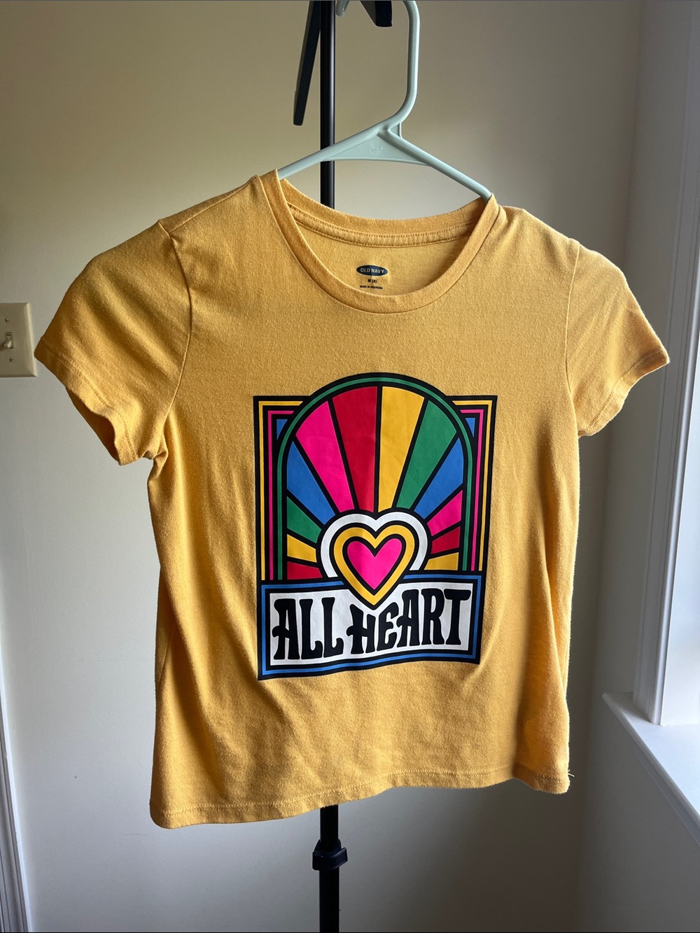 Old Navy Yellow Tee with Rainbow Heart Graphic